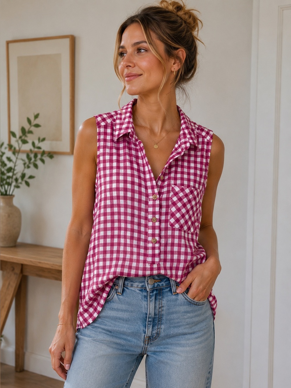 Sleeveless Pink Gingham Button-Front Shirt